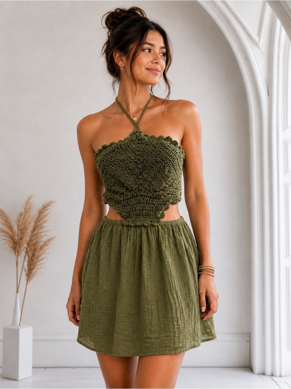 Aerie Crochet Olive Green Halter Mini Dress Boho Cottagecore Summer Sz M